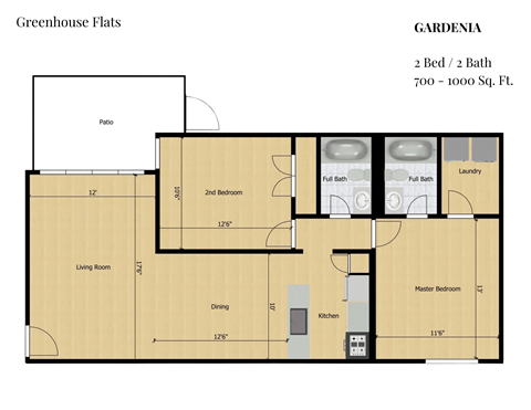 Floor plan for 2 beds, 2 baths, 1000 sqft